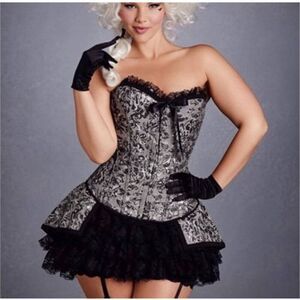 Hips & Curves Adjustable Corset Petticoat Set 2X Lingerie Black Silver Rose Lace